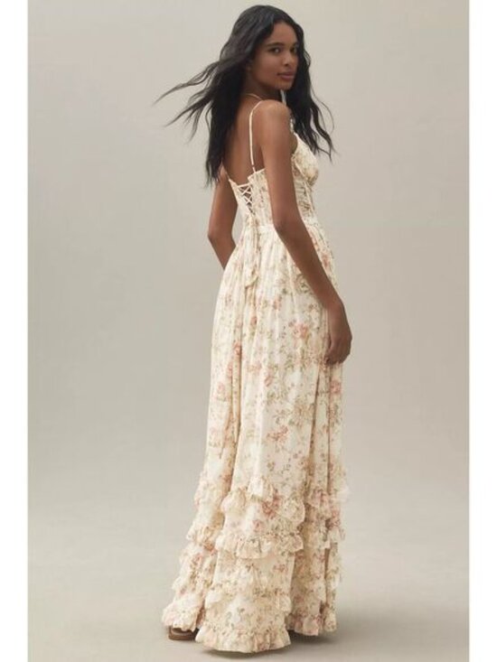 New Anthropologie V. Chapman Carmen Corset Front-Slit Ruffled Gown Size 10 - Picture 2 of 12